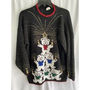 Vintage Bears Christmas‎ Holiday Acrylic Sweater Medium Made in USA